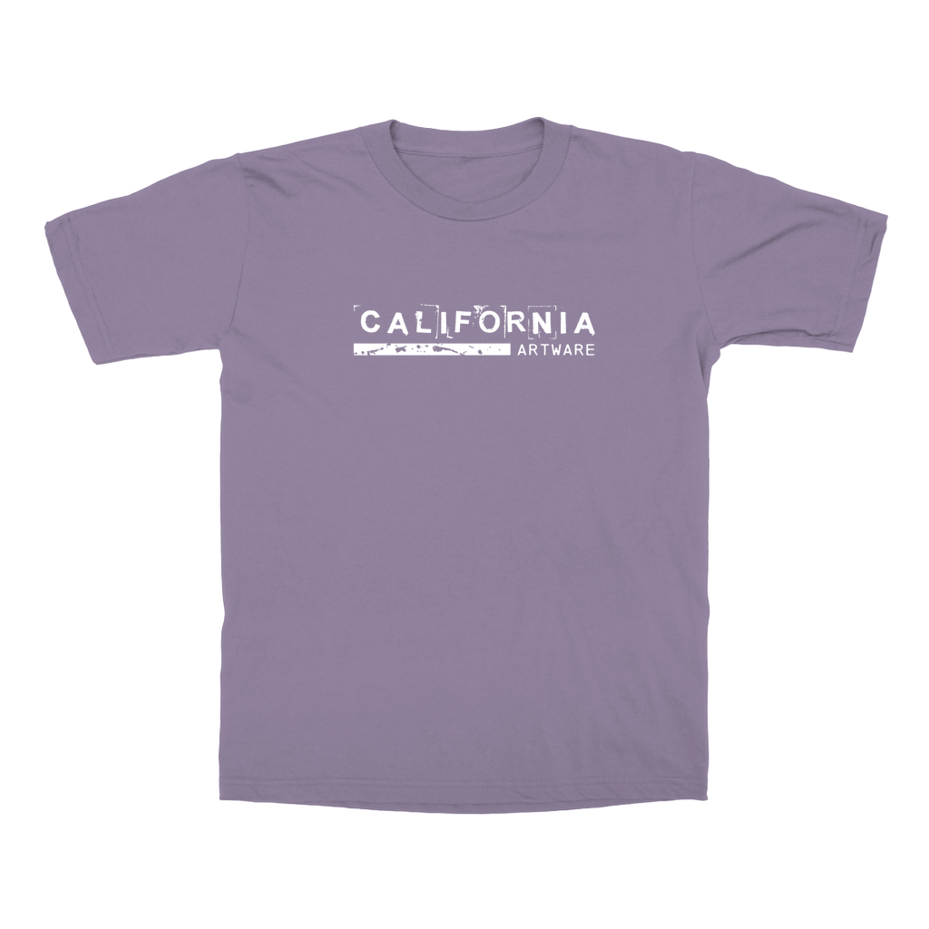 Soft men's t-shirt in Lavendar color with white modern California Artware logo across the front