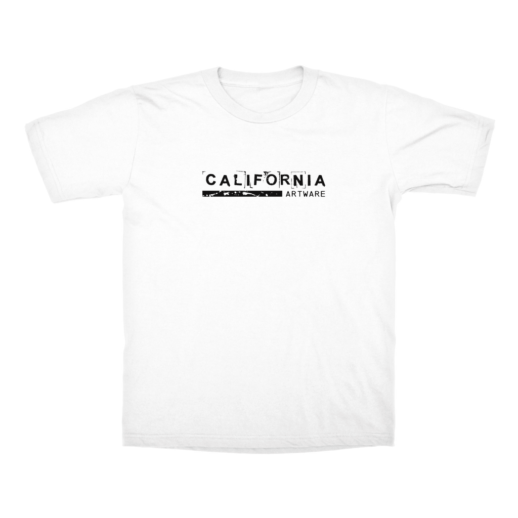 Soft men's t-shirt in white with black modern California Artware logo across the front