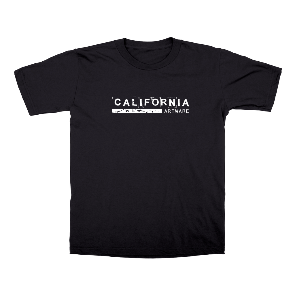 Soft men's t-shirt in black with white modern California Artware logo across the front