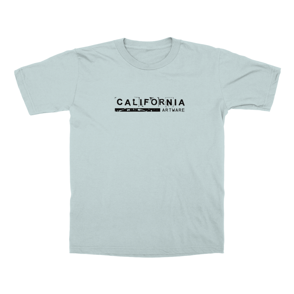 Soft men's t-shirt in pastel green with black modern California Artware logo across the front