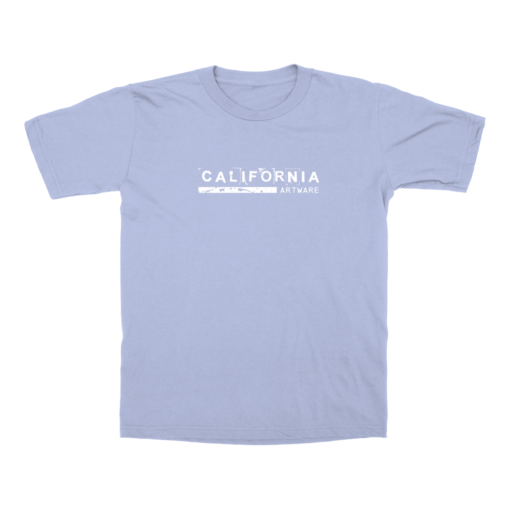 Soft men's t-shirt in soft Sky blue with modern California Artware logo across the front