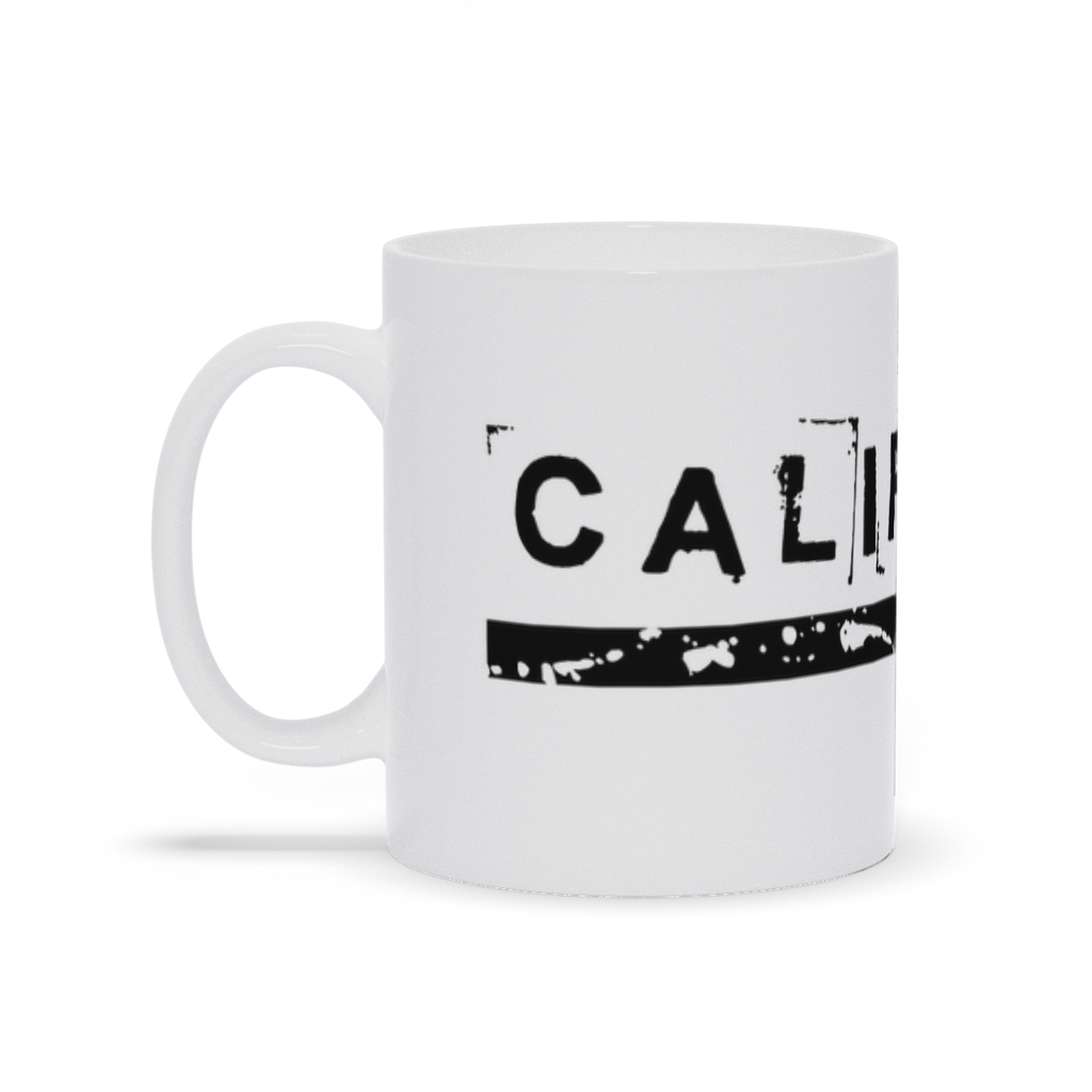 White coffee mug 11oz with California Artware logo in black.