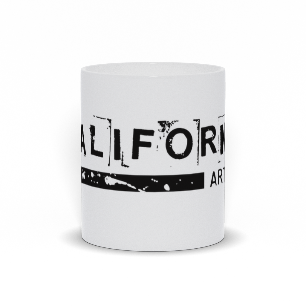 White coffee mug 11oz with California Artware logo in black.