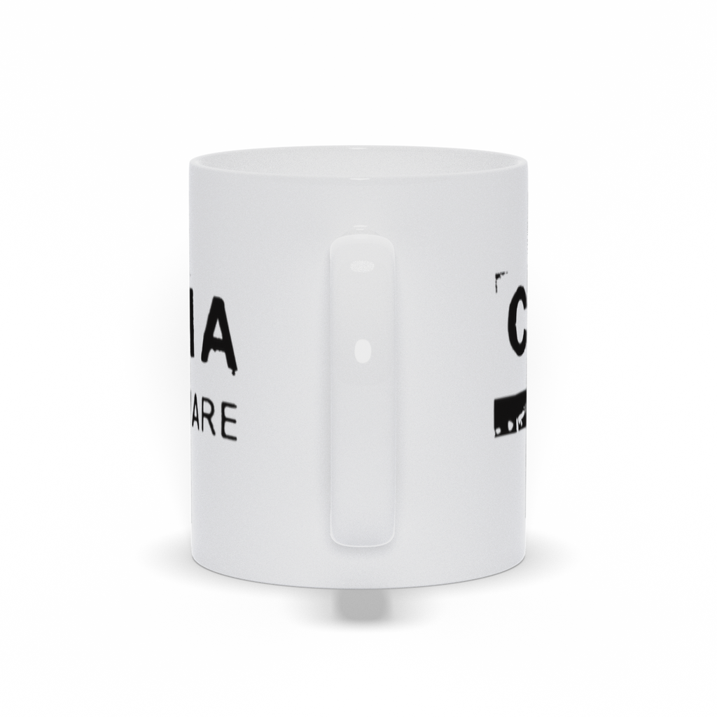 White coffee mug 11oz with California Artware logo in black.