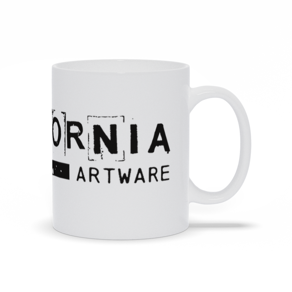 White coffee mug 11oz with California Artware logo in black.