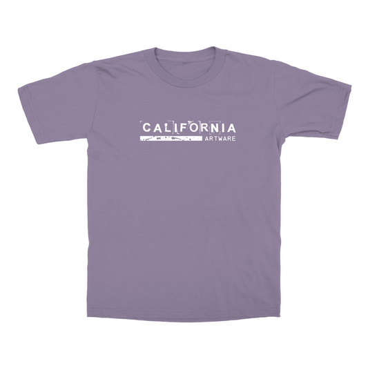Soft men's t-shirt in Lavendar color with white modern California Artware logo across the front