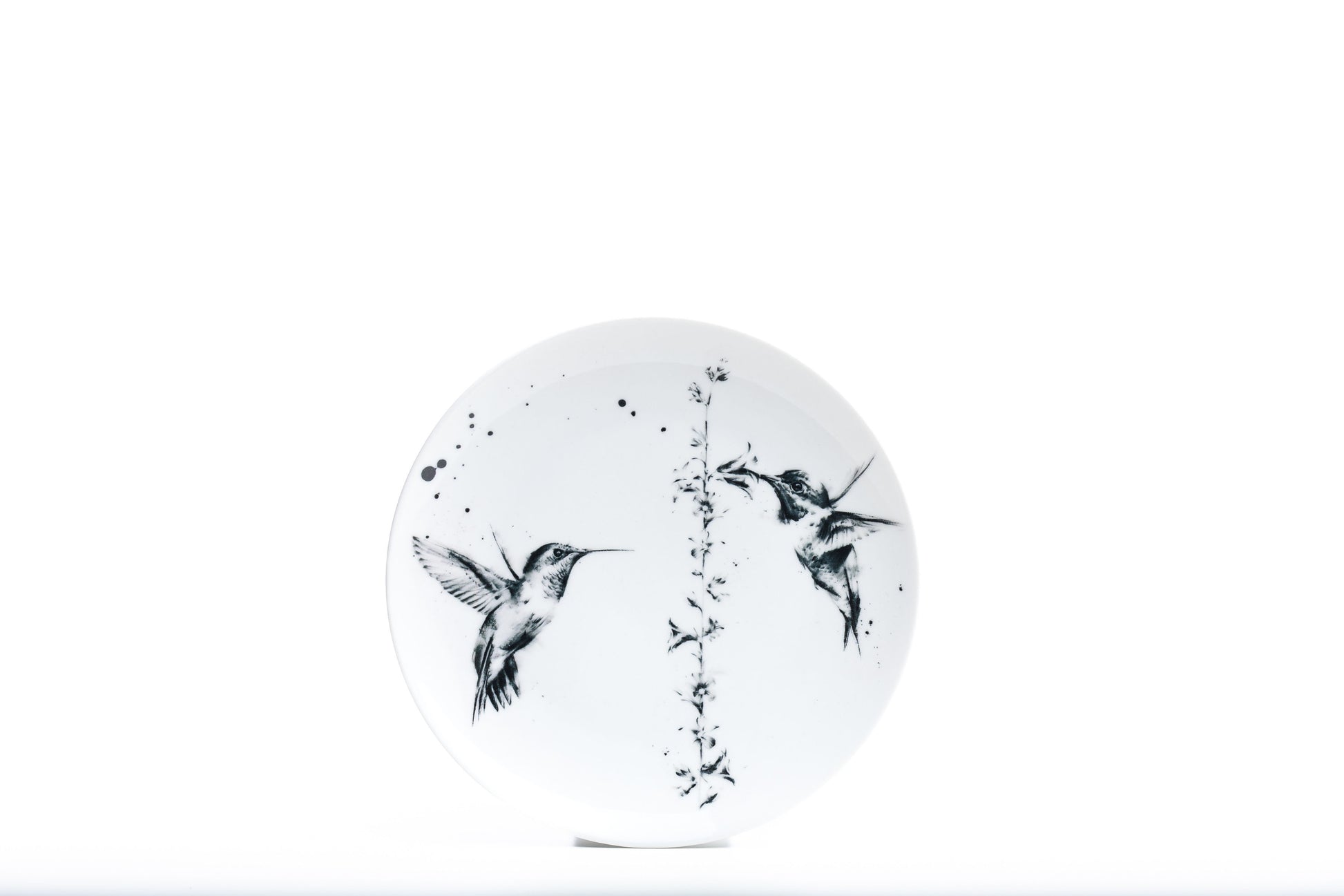 8" White coupe porcelain salad plate with two hummingbirds and a flower illustration and black ink splatter product photo on white background