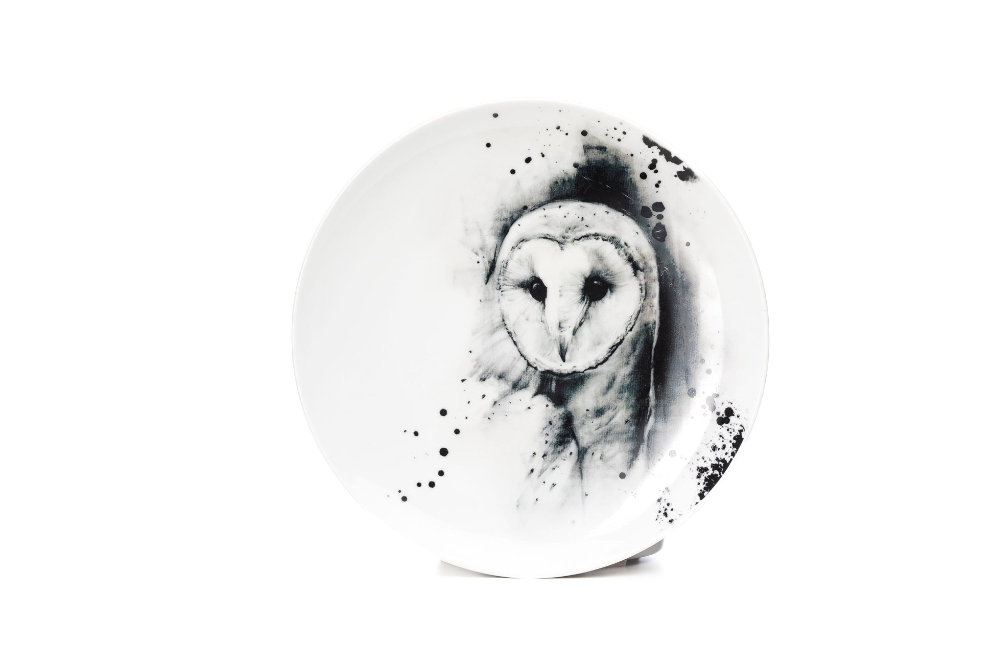 11" White porcelain dinner plate microwave and dishwasher safe with Barn Owl illustration and black ink splatter product photo on white background