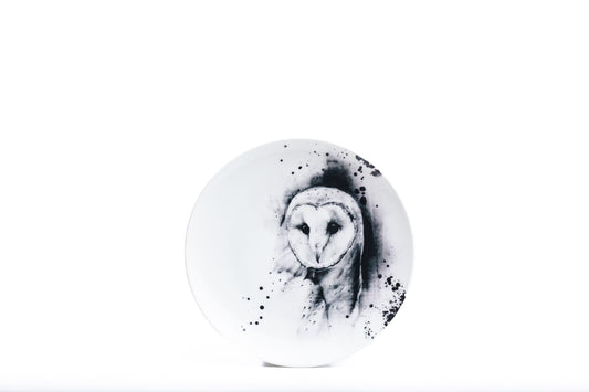 8" White porcelain coupe salad or dessert plate dishwasher and microwave safe with Barn Owl illustration and black ink splatter product photo on white background