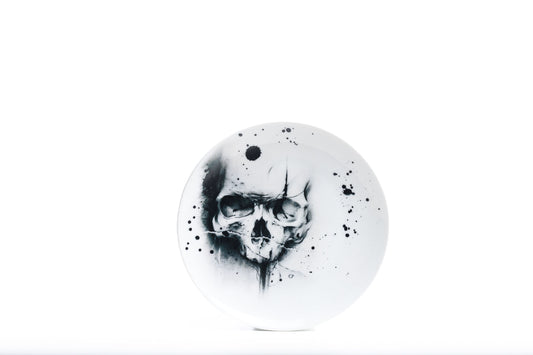 8" White porcelain coupe salad or dessert plate dishwasher and microwave safe with skull illustration and black ink splatter product photo on white background