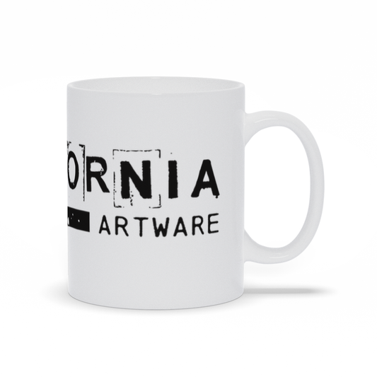 White coffee mug 11oz with California Artware logo in black. 
